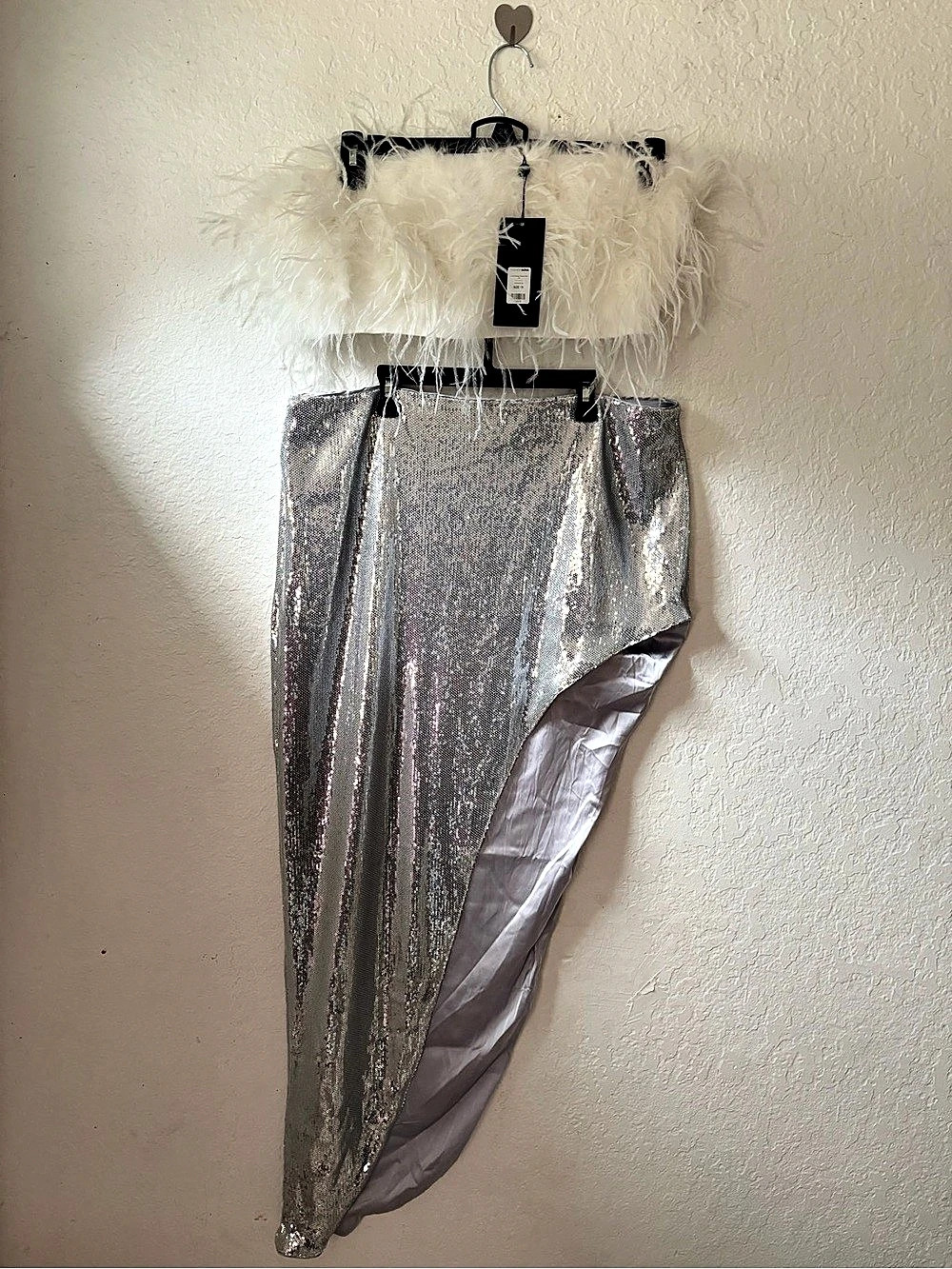 Silver Sequin Asymmetrical Maxi skirt and White feathered bandeau top NWT